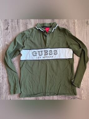 Guess Olive Green and White Long Sleeve Polo Shirt 100% cotton